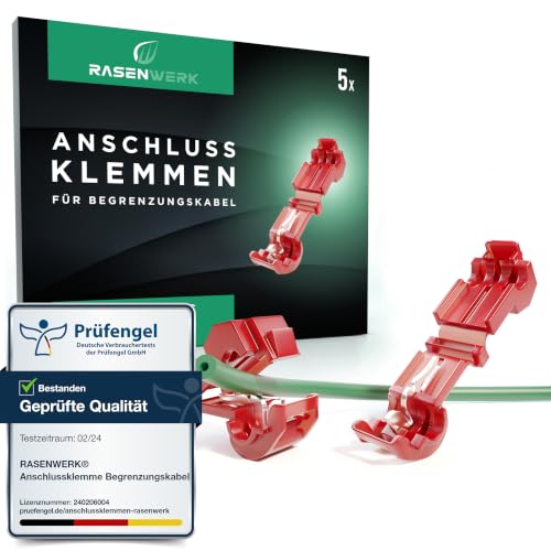 RASENWERK® - Anschlussklemmen für Mähroboter Begrenzungskabel Ladestation - T-Abzweigverbinder Abzweigklemmen Stromdieb - Kompatibel für Gardena, Husqvarna, Yard Force - rot - 5 Stück