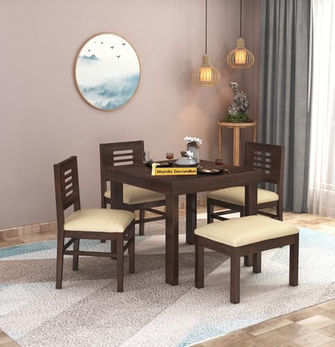 Image of MAMTA DECORATION Sheesham Wood 4 Seater Dining Table Set | Four Seater Dinner Table with 3 Cushions Chairs & 1 Bench | Dinning Table Set 4 Seater for Living Room, Hotels & Restaurant, Walnut Finish