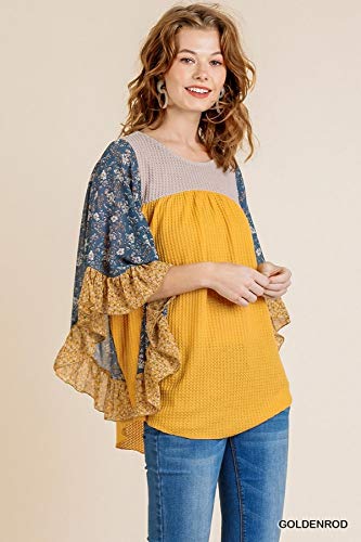 Umgee Women's Floral Mixed Print Dolman Sleeve Waffle Knit Top (Small, Goldenrod) #TOP1