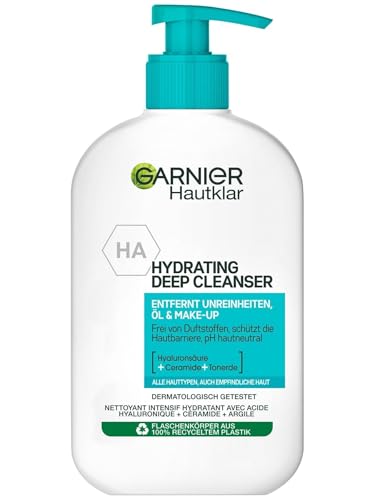 Garnier Limpiador facial transparente para eliminar impurezas, aceite y maquillaje, con ácido hialurónico, ceramida y arcilla, limpiador profundo hidratante, 1 x 250 ml