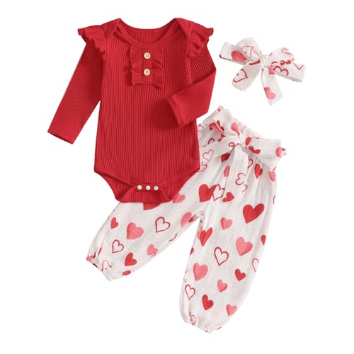 Rtnnsbbfcm Newborn Baby Girl Valentine's + Day Outfit Long Sleeve Ribbed Romper Heart Print Pants Headband 3Pcs Set (Red, 3-6 Months)