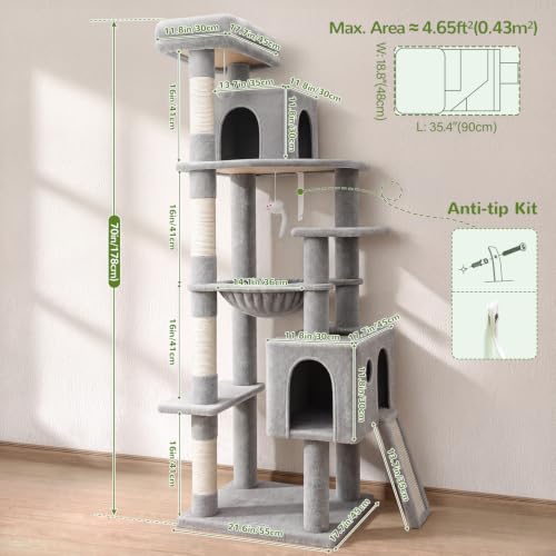 Globlazer Heavy Duty Cat Tree, 70 inch Sturdy Cat Tree for Indoor Cats Extra Large Cat Tower with Scratching Post, Hammock, Cat Condo for Adult Cats Kittens, F70 Pro, Light Grey - Image 7