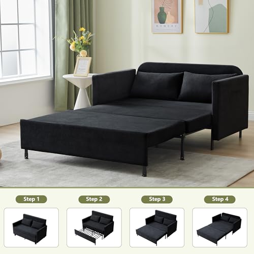 Image of QHITTY Pull Out Couch Bed, 2-in-1 Sleeper Sofa Small Loveseat Bed with Hidden Side Table and Iron Frame for Living Room, Small Space, Apartment (Black)