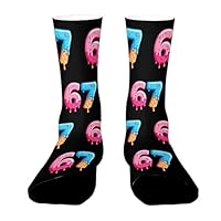 Funny 67 Meme Ice Cream Socks, Novelty 67 Meme Crew Socks Women, Breathable 6 7 Number Mid Calf Sock for Women Men, Wear Resistant Six Seven Ice Cream Memes Sock, for Christmas Presents