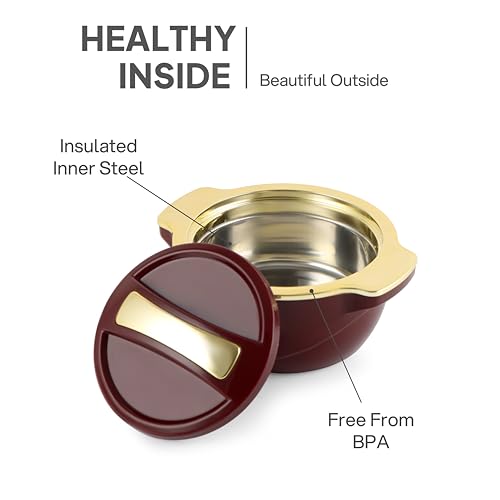 Image of CELLO Radiant Set of 3 Pcs Insulated Steel Casserole Hot Box For Kitchen, Burgundy (500ml, 1000ml, 1500ml) | Airtight Hot Pot Case Keeps Food Hot & Warm, Casserole Set For Roti Chapati Rice Biryani