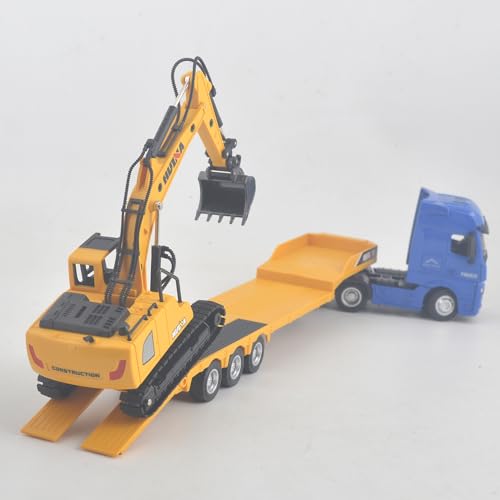 Image of Flattrailer Heavy Duty Semi Trailer Tractor Truck w / Excavator - Metal Construction Vehicle Toy for Kids