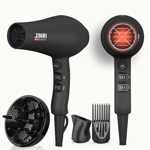 JINRI Hair Dryer, 1875W, 3 Heat & 2 Speed, with Diffuser, with Concentrator, Ionic Technology & Infrared - Black, Detachable Air Intake, Hanging Strap, Non-Foldable, 125V, JR-104