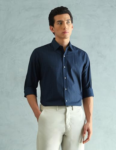 Image of Arrow Men's Textured Full Sleeves Slim fit Semi-Cutaway Collar Cotton Shirt