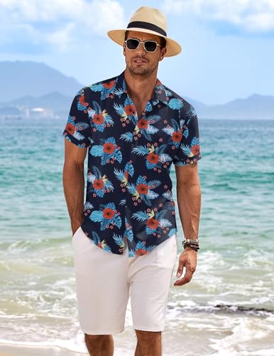 Image of COOFANDY Men's Linen Shirts Short Sleeve Casual Shirts Button Down Shirt for Men Beach Summer Wedding Shirt
