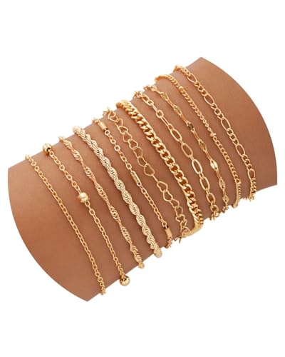 HUVZOR 11 Piezas Set de Pulseras Mujer, Oro Pulsera Acero Inoxidable Dorado Pulsera de Cadena Dorada Mujeres Ajustable Bracelet Figaro Serpiente para Mujeres Regalo
