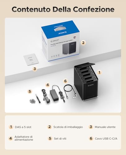 USB 3.1 Type-C Docking Station per Hard Disk, 5 Bay Custodia con Adattatore 12V/10A, Capacità Max. 110 To per Gestione Dati Personali- 9758C3 - Hub USB - Immagine 6