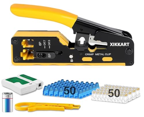 Image of XIKKART Crimping Tool RJ45, Passthrough Kit Cat7 Cat6A Cat6 Cat5E Cat5 RJ45 Ethernet Crimp Tools with 50PCS Cat6 Pass Through Connectors 50PCS Boot Covers 1 Lan Network Tester + Battery