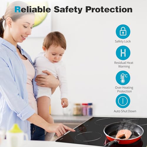 Glaskeramikkochfeld 4 Zonen Kochfelder Sensor-touch Control Kochfeld Autark 60cm, 6000W, 9 Leistungsstufe, verkabelt, kein Stecker