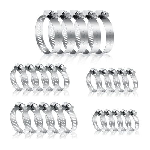 25 Pcs Adjustable Stainless Steel Hose Clamps Assortment, 1/4-2 in (6-51mm) Metal Pipe Clampss, Heavy Duty Automotive Worm Gear Hose Clamps for Plumbing Garden Home Washing Machine, etc