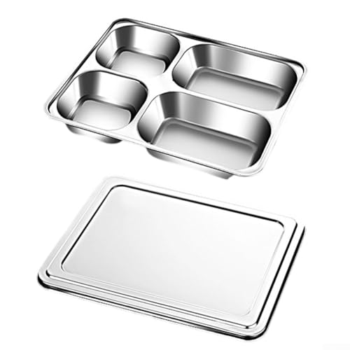 Edelstahl geteilter Speiseteller mit Deckel für Erwachsene, 4 Fächer oder 5 Fächer Layout für Mahlzeiten, Portionierung und einfache Reinigung (A)