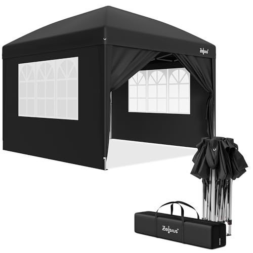 Zelsius Cenador plegable de 3 x 3 m con paredes laterales | Negro | Cenador plegable UV30, carpa plegable para jardín con paredes laterales | Refugio para jardín, protección solar, cenador de jardín
