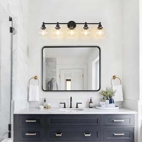 Image of 5-Light Bathroom Light Fixture Black Vanity Lights Over Mirror Modern Wall Sconce Farmhouse Vintage Bathroom Vanity Lighting with Glass Shade for Bedroom Hallway Cabinet Bathroom