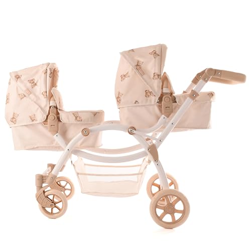 Poussette Double Roma Teddy pour Jumelles - Poussette Jouet pour Filles et garçons, Landau avec poignée réglable (50-88 cm), Sac à Langer, châssis...