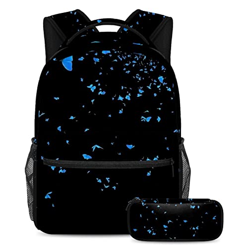 Sac à dos papillon lumineux bleu avec trousse assortie pour l école et les voyages des élèves