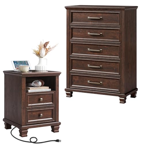 SAVOR LIFE walnut farmhouse dresser with matching nightstand and charging station — proves the paired dresser plus nightstand layout