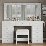 Yanosaku 11 Drawers Makeup Vanity with Charging Station, Vanity Desk with 13 LED Bulbs and HD Mirror, 3 Color Brightness Adjustable, Glass Top Vanity Set for Bedroom, White