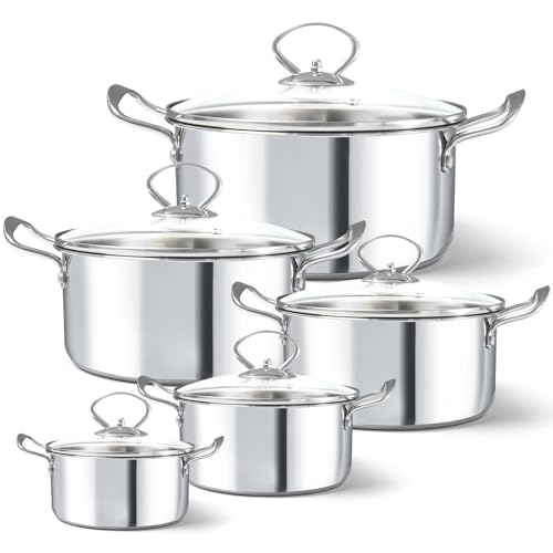 HOUSLUX Topfset Induktion Topf Kochtopf Set 5-teilig,Topfset Edelstahl poliert, Töpfe Set unbeschichtet Edelstahl poliert, Töpfe Set unbeschichtet (silberlich, 5 Teilige Set)