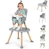 Ezebaby 8-in-1 Baby High Chair, Convertible High Chair for Babies and Toddlers/Booster Seat/Toddler Chair/Table & Chair Set/Kids Stool, Wood Highchair with Removable Tray, Seatbelt, PU Cushion (Gray)