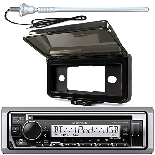 Single DIN Marine Boat Yacht Outdoor In Dash Bluetooth CD Player USB AM/FM Radio Stereo Receiver Bundle Combo With Splashproof Radio Cover, Marine Radio Antenna - Complete Marine Kit (CD Player)