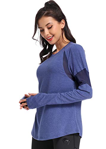 Muzniuer Long Sleeve Workout Tops for Women Gym Exercise Athletic Shirts Long Sleeve Yoga Shirts Loose Sports Shirts with Thumb Hole Running Activewear for Women Blue L