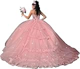 TSxuelian Sweetheart Appliques en dentelle Robes de Quinceanera avec train paillettes perles robe de bal à volants robe de bal pour Sweet, rose, 42