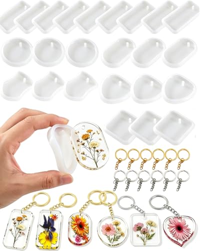 24Pcs Resin Keychain Molds 6 Shapes (Square Rectangle Heart Shield Oval Round) 8mm Thickness Easy Release Silicone Resin Molds with Hole for DIY Keychains Charms Handmade Gifts (#A)