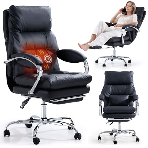 EMIAH Sedia da Ufficio Direzionale con Poggiapiedi, Comoda Sedia Scrivania con Braccioli, Poltrona Ufficio Reclinabile in Pelle PU con Riscaldamento e Massaggio, Sedia per Computer con Ruote, Nero
