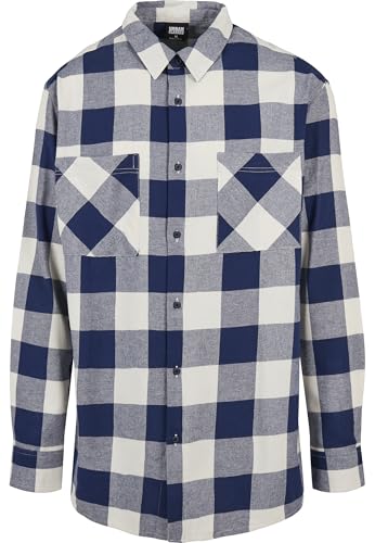 Urban Classics Men's Long Oversized Checked Shirt, darkblue/Cream, 5XL