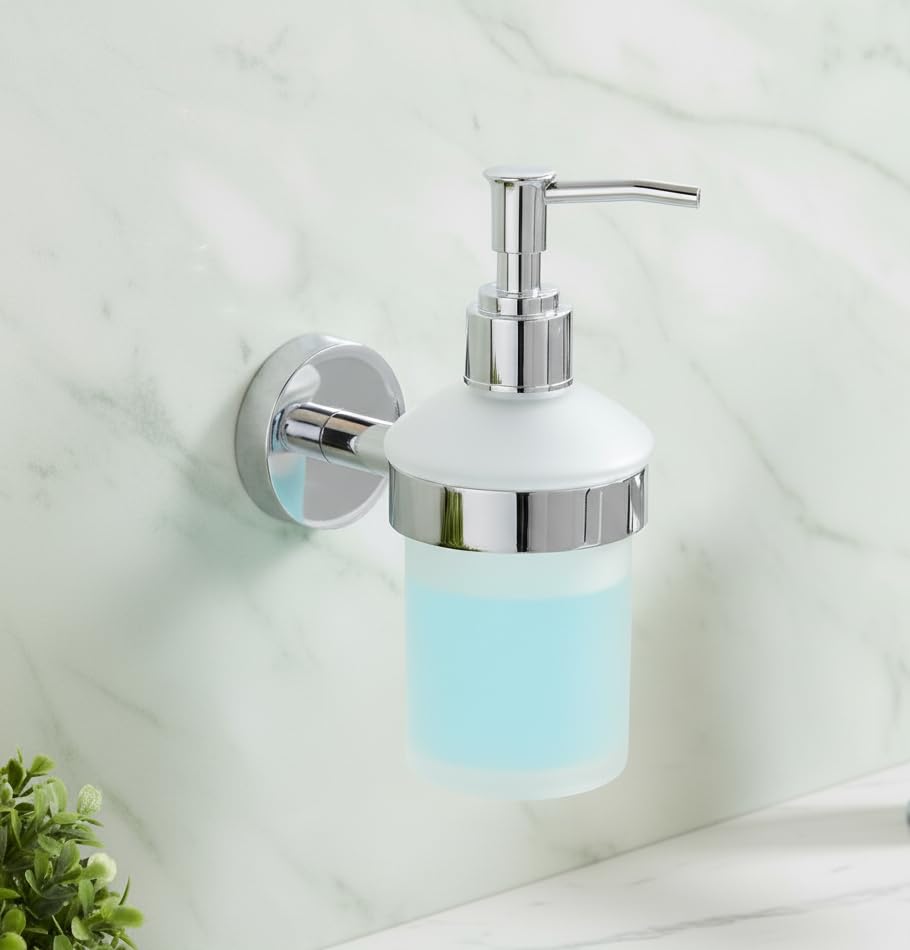 Image of Premium Wall Mounted Liquid Soap Dispenser - 304 Stainless Steel Holder with Frosted Glass Bottle | Rust-Proof Hand Wash Pump for Bathroom, Kitchen, & Wash Basin (Round 2910)