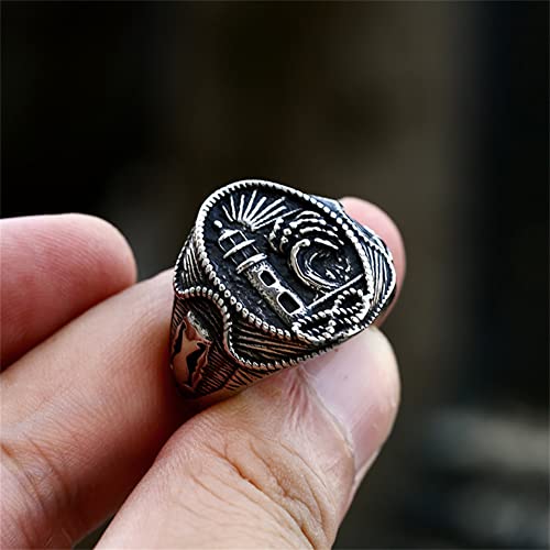 PAURO Men's Stainless Steel Lighthouse Vintage Classic Round Signet Ring Cool Engagement Marriage Band Silver Size 11 - Thumbnail 5