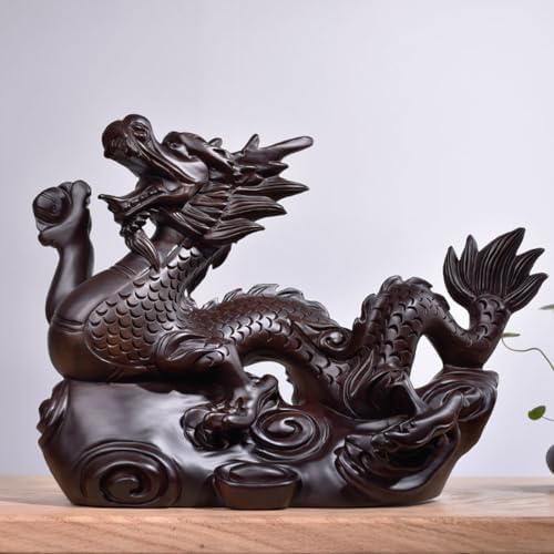 OUGEHOT Wooden Chinese Fung Shui Dragon Statue, Zodiac Dragon Sculpture, Hand Carved Dragon Figurine, Year of The Dragon 2024 Decorations (Black)