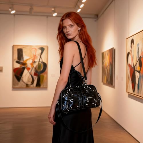 Bolso tote para mujer, bolso de hombro de cuero vintage brillante, bolso cruzado de gran capacidad, bolso de mano adecuado para ocasiones importantes, trabajo y viajes (negro) miniatura 7