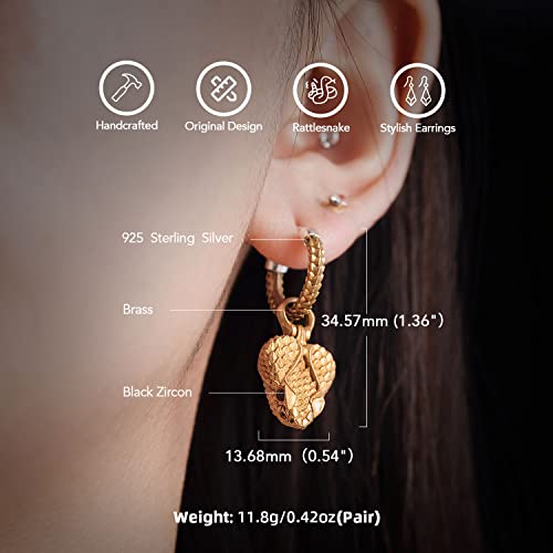 Coppertist.wu Rattlesnake Head Earrings, Dangle Drop Hoop Snake Earrings For Women Mens, Clip On Earring, 925 Sterling Silver Ear Pins,Hypoallergenic,Brass #TOP2