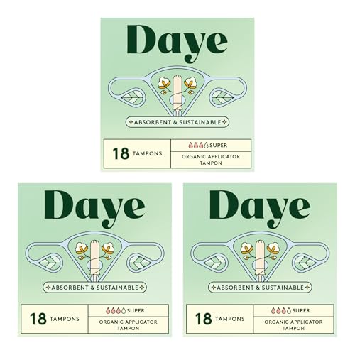 Daye Organic Tampons Super | 54ct | Pesticide & Metal Tested, 100% Organic Cotton for Heavy Flow | No-Shed Sleeve, Sugarcane Applicator