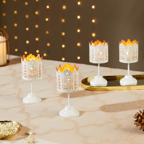 Image of Amazon Brand - Solimo Tea Light Votive Stand - House Design, White Iron with Gold Interior, Set of 4 (Size: L-6 cm x W-6 cm x H-13 cm)