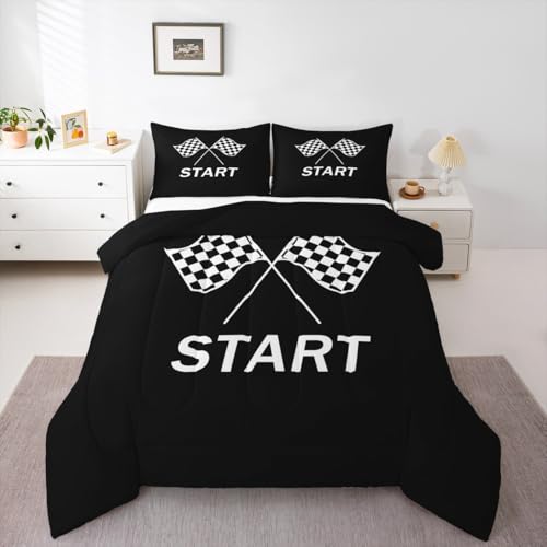 Image of Feelyou Kids Race Sports Flag Bedding Set Full Size, Racing Car Duvet Insert Checkered Flags Comforter Set Boys Girls Teens Bedroom Decor with 2 Pillow Case