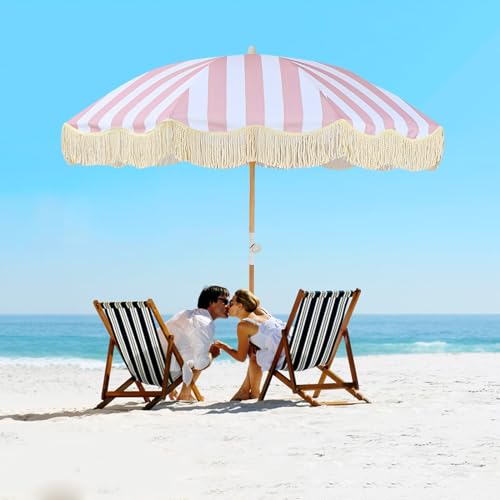Pink And White Striped Patio Umbrella With Fringe Portable Beach Umbrellas For Sand UV50+ Boho Umbrella Outdoor With Tilt 6.5ft Sunshade Umbrella For Sand Camping Table Umbrella Waterproof/8 Ribs