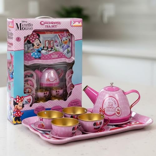 Image of Minnie Mouse 14-Piece Metal Tea Set for Girls - Pink Kids Pretend Play Tea Party Set with Teapot, Cups & Saucers - Durable & Lightweight Tin Toy|Birthday Gift for Toddlers and Children 3+