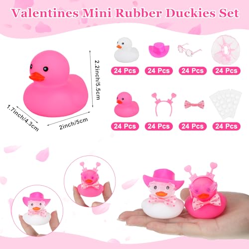 Funrous 48 Sets Valentines Rubber Ducks Bulk Mini Pink Duckies with Hats Sunglasses Headband Tie Skirt Small Hot Pink Bathtub Toys for Classroom Exchange Gift Wedding Birthday Party Favors Prize - Thumbnail 2