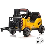 12V Ride-On Forklift for Kids, Electric Construction Car with Remote Control, Liftable Fork and Pallet, 2 Speeds, Music, USB, MP3, and Low-Power Alarm
