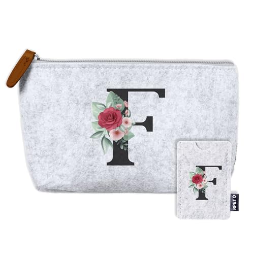 AMAEKO Neceser Personalizado, Neceser Inicial, Tarjetero con Inicial, Bolsa Aseo Mujer, Estuche Regalo, Estuche de Viaje Customizado, Bolsa Organizadora Hecho a Mano, Bolso Maquillaje Handmade (F.)