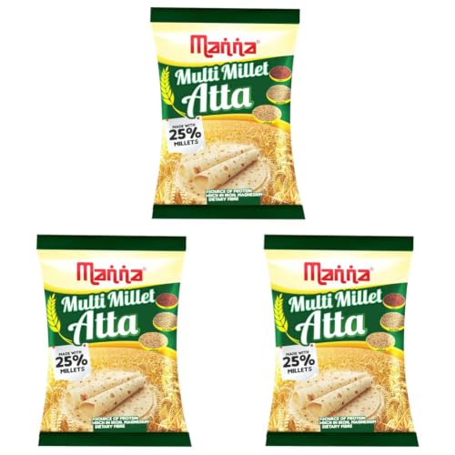 Image of Manna Multigrain Atta /Multi Millet Atta 1Kg | Diabetic Friendly | Low GI Wheat Flour with 25% Millets | High Protein & Fibre | Low sugar | For Weight Loss (Pack of 3)