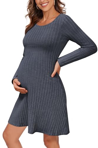 OUGES Damen Umstandskleid Festlich Winter Rundhals Stillkleid Langarm Leichtes Schwangerschaft Kleid Kurz-M