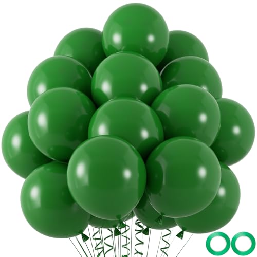 Image of 100pcs Dark Green Balloons, 12 inch Green Latex Party Balloons Helium Quality for Birthday Party, Dinosour Masquerade,Baby Shower,Wedding Christmas Party Decoration (with Ribbon)
