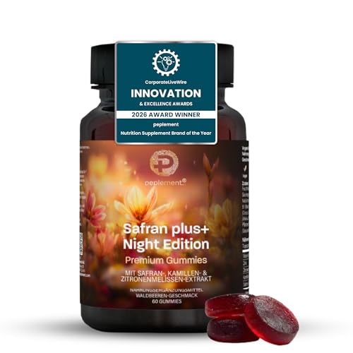 Peplement Safran plus+ Night Edition 60 Premium Gummis Safran extrakt + Kamillenextrakt (5:1) + Zitronenmelissenextrakt (10:1) | Mit Zink + Vitamin B6 | 1 Gummis täglich für 2 Monate Vorrat